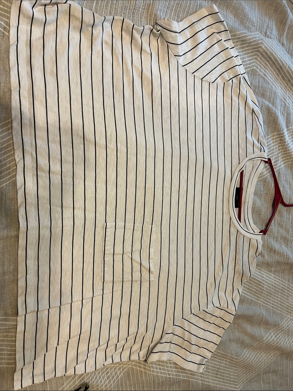 Lane Bryant Off-White Short-Sleeve Crewneck Tee with Navy Stripes